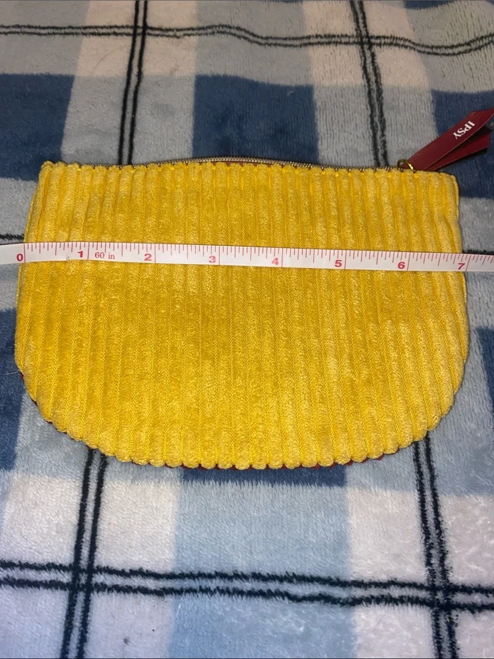 ipsy Yellow Corduroy Half Moon Cosmetic Pouch with Maroon Zip Tab